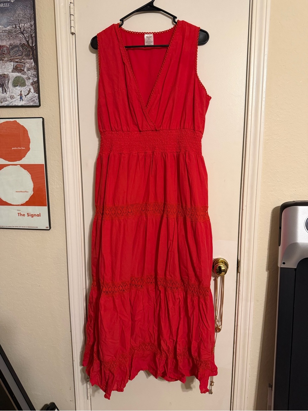 Cracker Barrel Red Sleeveless V-Neck Maxi with Smocked Waist